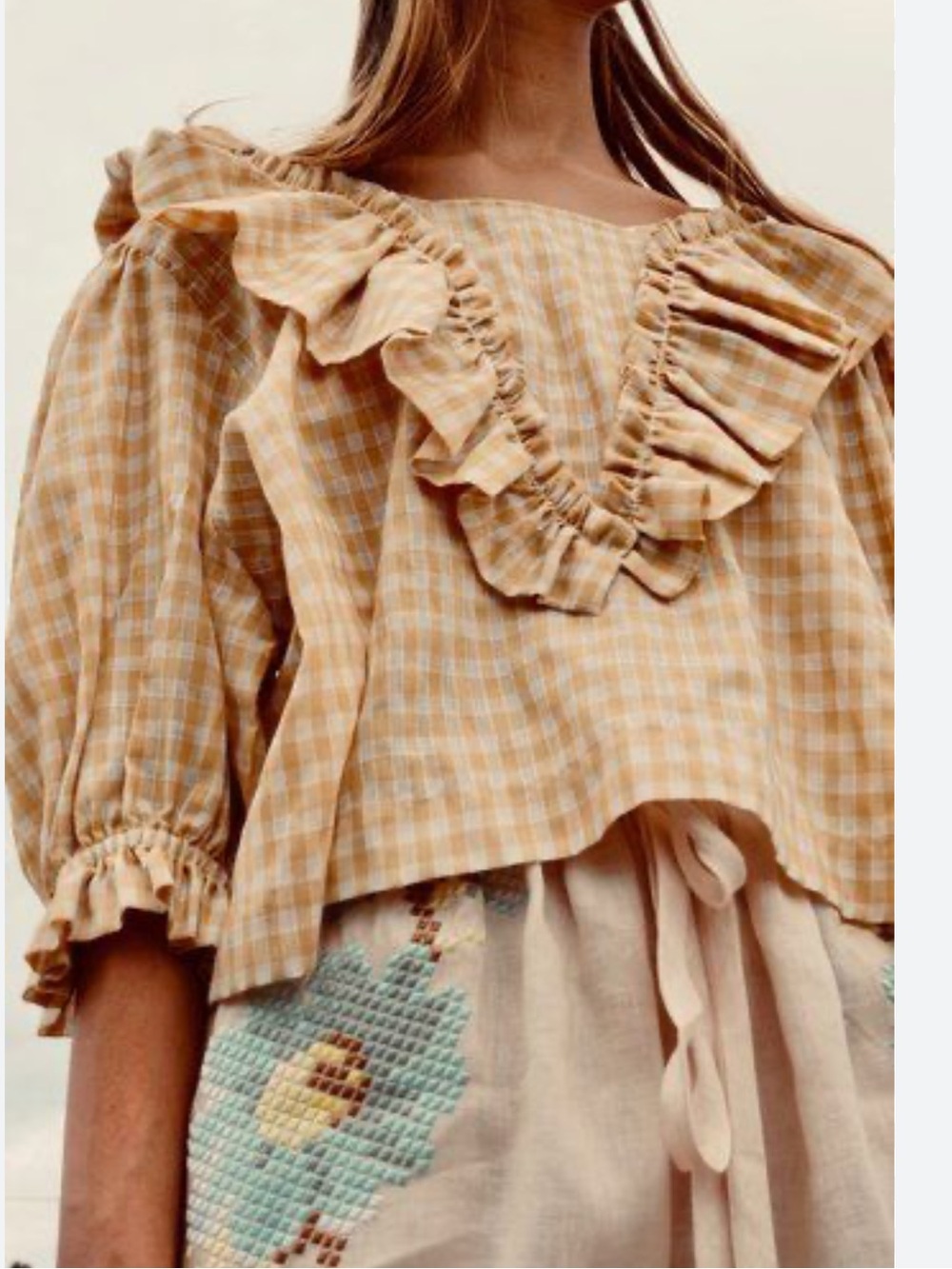 Innika Choo Anita Eayte Toffee Gingham Frill Blouse Size 3 Cottagecore